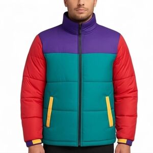 Club Room Men's Colorblocked Quilted Full-Zip Puffer Jacket Coat Blue Green L